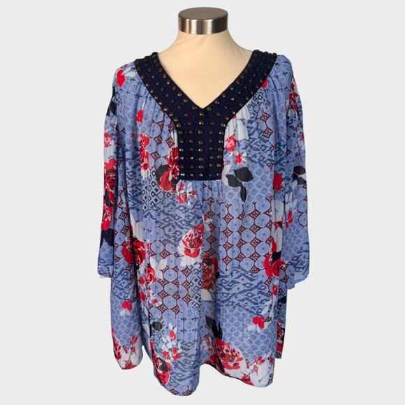 Woman Within 1X 22 24 100% Polyester Blue Red Floral Top - Picture 1 of 8